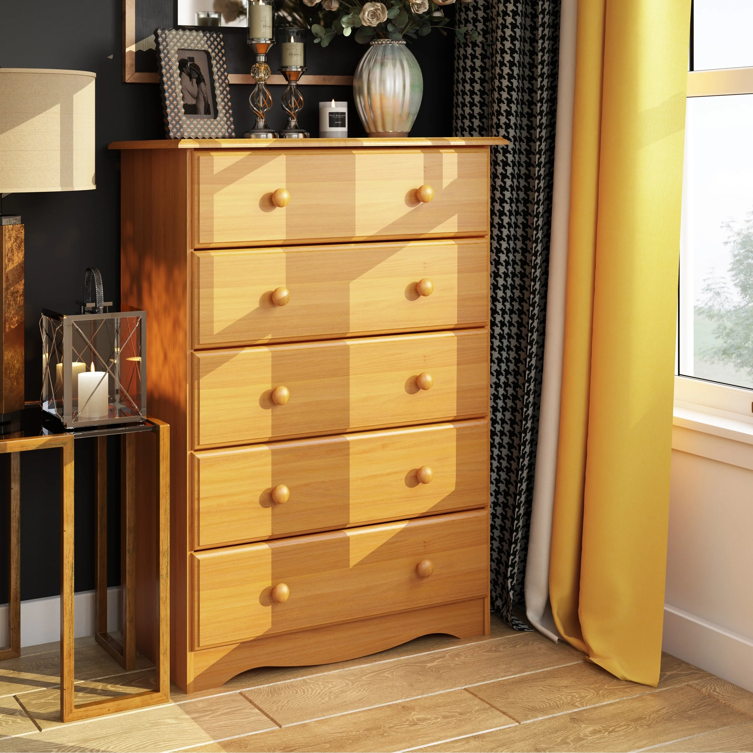 Palace Imports  100% Solid Wood 5-Drawer Chest with Metal or Wooden Knobs Honey Pine Stained Medium Wood - Zander Auto Parts